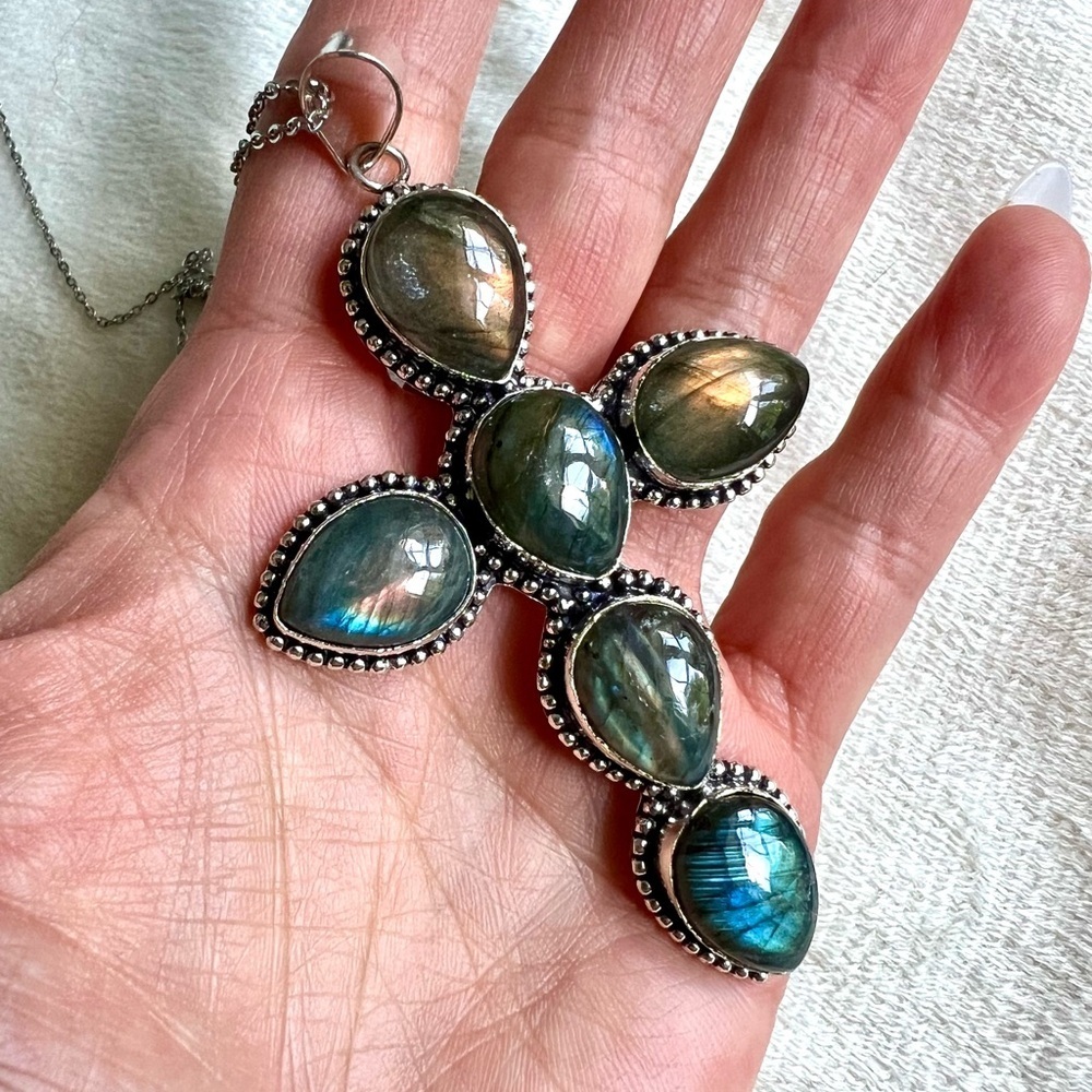 925 MASSIVE! Flash Labradorite Cross Pendant Necklace